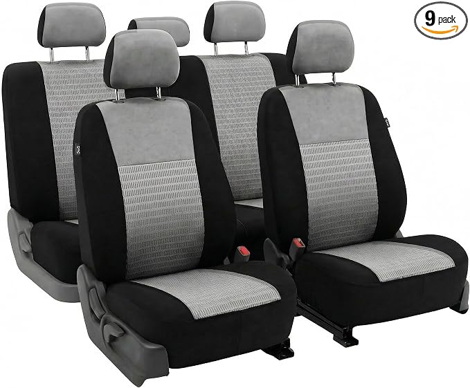 FH Group Universal Car Seat Covers Full Set for SUV Truck Sedan Vans | 3D Textured Breathable Fabric Seat Cover Set with Airbag Compatible Split Bench Protector Interior Upgrade - Gray/Black