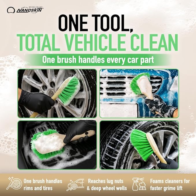 Nanoskin Pro-Grade 8.5" Car Detailing Brush - Durable Green Polystyrene Flagged Bristles, Acid Resistant, Gentle Surface Cleaning, Auto Wash, Tire & Wheel Scrub, Professional Automotive Detailer Tool