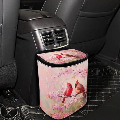 Cherry Blossom Cardinal Bird Print Car Trash Can with Lid Car Accessories for Men Women Trash Bin Hanging Back of Seat Collapsible Leak Proof Multipurpose Vehicle Garbage Can