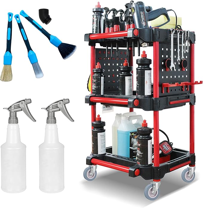 3 Tier Auto Detailing Cart with Wheels, Rolling Detail Tool Cart with 2 Hanging Plate & Hooks, Spray Bottles and Brushes for Repair Shop Car WashWax Garage, 200kg/440.92lb Capacity