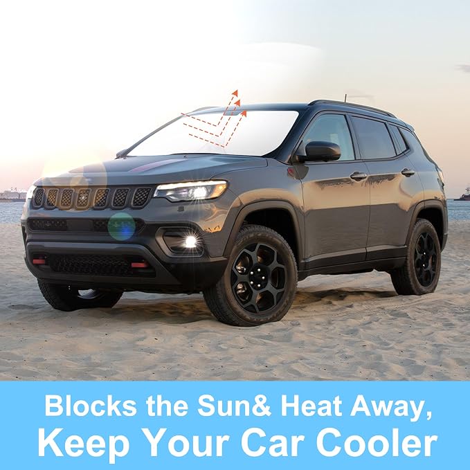 TINGLU Sun Shade for Jeep Compass 2017-2024 Accessories Windshield Sun Shade Window Shade UV Rays Protection Sun Visor Cover with Steering Wheel Sunshade Storage Bag