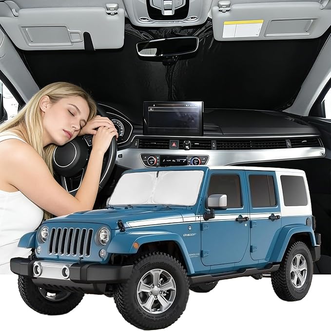 Windshield Sunshade for Jeep Wrangler 1997-2017 Sun Shade Car Windshield Upgrade 4 Layers Blocks UV Rays Custom Fit Wrangler Car Window Shade Front Windshield Keep Cool Foldable Car Accessories