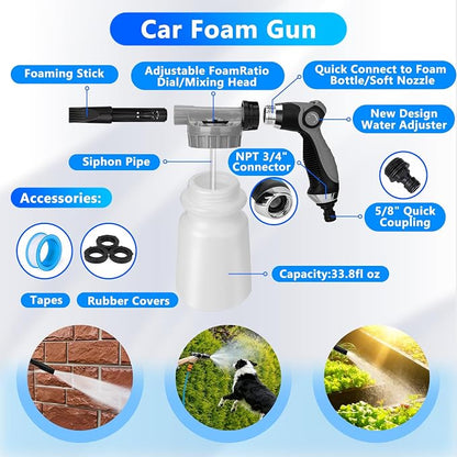 ThinkLearn Car Wash Detailing Kit with Foam Gun, Car Cleaning Kit Set,Car Wash Brush with Long Handle, Large Folding Bucket for Interior Exterior Car Wash Supplies, Car Gift Set Gray