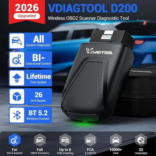 Bidirectional OBD2 Scanner Diagnostic Tool VDIAGTOOL D200, Bluetooth Scan Tool-Lifetime Free Updates, 26 Resets (Unlockable 49+), Full System Car Code Reader for iOS & Android, FCA AutoAuth & CAN-FD