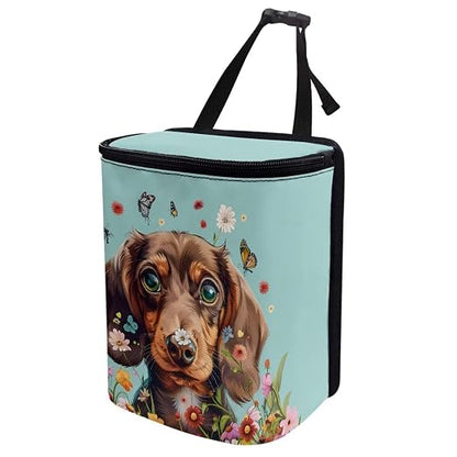 Talayituse Dachshund Butterfly Daisy Print Car Trash Can Accessories Organizer Garbage Bag Dustbin Container with Lid Waste Basket Storage Pocket Hanging Large Size Vehicle Trash Bin