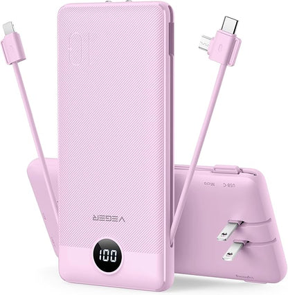 VEGER Portable Charger Power Bank with Built-in AC Plug and Cables, All in One 10000mAh Ultra Slim Travel Essentials, Fast Charging Battery Pack Compatible with iPhone, Samsung, Android, Purple