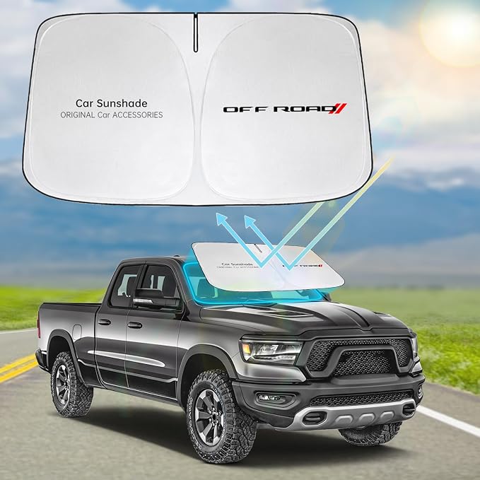 Front Windshield Sun Shade Compatible with Dodge RAM 1500 2010-2023 2024 2025 2026, Sun Visor Protector Blocks UV Rays Sunshade for RAM 2500 3500 Foldable Interior Accessories