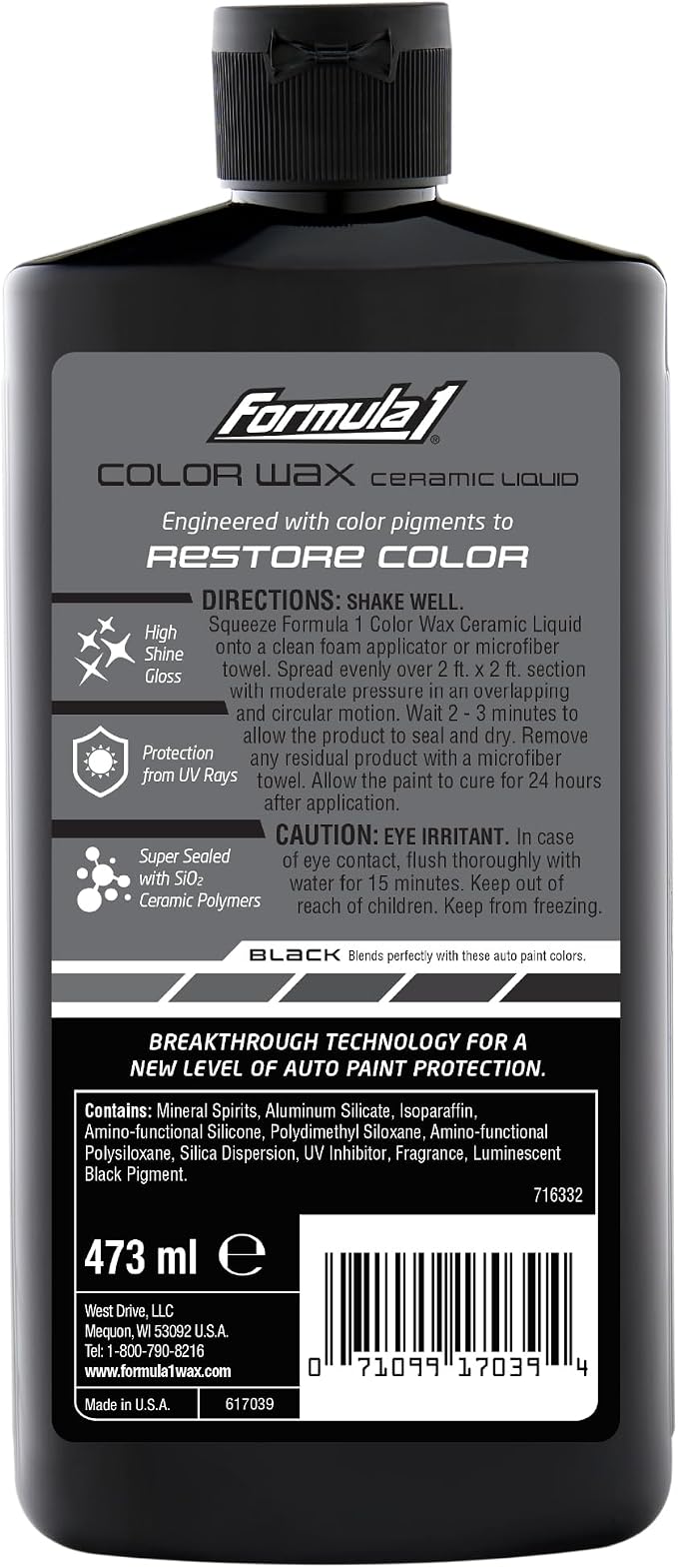 Formula 1 Sio2 Ceramic Liquid Wax Coating for Car Paint, Black, Provides Shine, Deep Gloss, and High Protection, Scratch & Swirl Mark Filler, Car Detailing Supplies, Post Polishing Wax for Cars, 16 oz