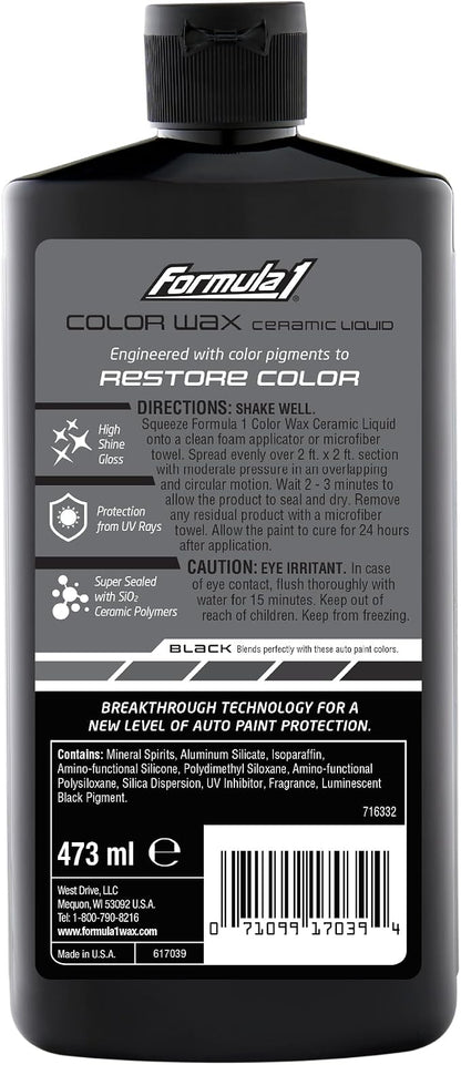 Formula 1 Sio2 Ceramic Liquid Wax Coating for Car Paint, Black, Provides Shine, Deep Gloss, and High Protection, Scratch & Swirl Mark Filler, Car Detailing Supplies, Post Polishing Wax for Cars, 16 oz
