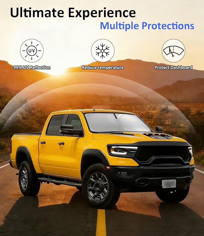 Windshield Sun Shade for 2012-2019 2021-2026 Dodge RAM 1500, Car Front Window Sunshade with 240T Sun Visor Protector Blocks UV Rays Heat Sun Shield Accessories
