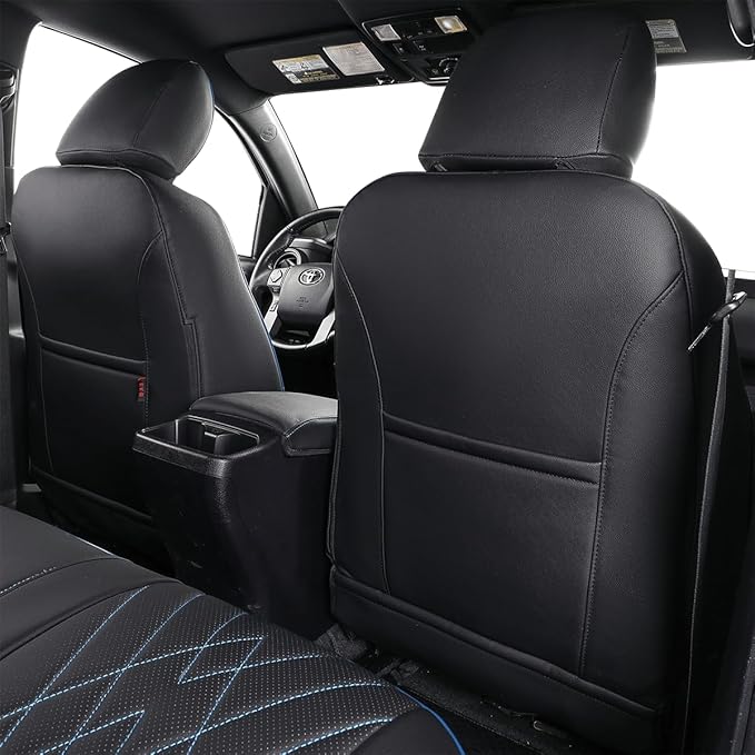 EKR Custom Fit Tacoma Rear Car Seat Covers for Toyota Tacoma (Petrol) 2024 2025 2026 Double cab SR/SR5/TRD Sport/TRD Off-Road/Limited - Second Row Only,Faux Leather(Black with Blue Trim)
