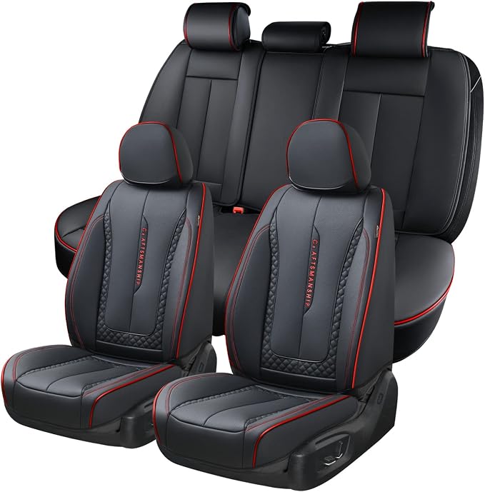 Coverado Car Seat Cover Full Set, Red Seat Covers Front Seats Back Seat Covers, Nappa Leather Waterproof, Car Seat Cushion, Car Seat Protector Universal Fit Most Cars