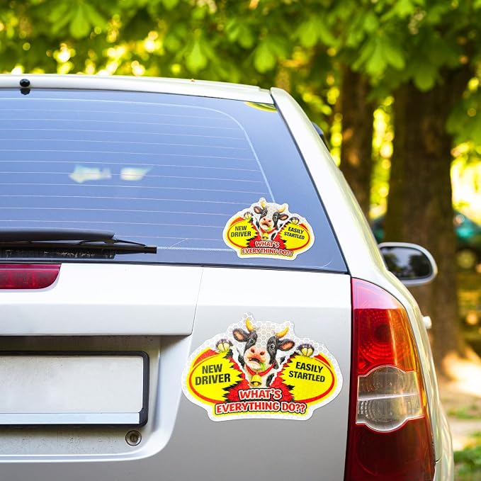3 Pcs Reflective Student Driver Magnet and Stickers Set - Funny Animal New Driver Safety Signs for Car, Waterproof & Weatherproof High Visibility Vehicle Bumper Decals, Magnet + Stickers (Cow)