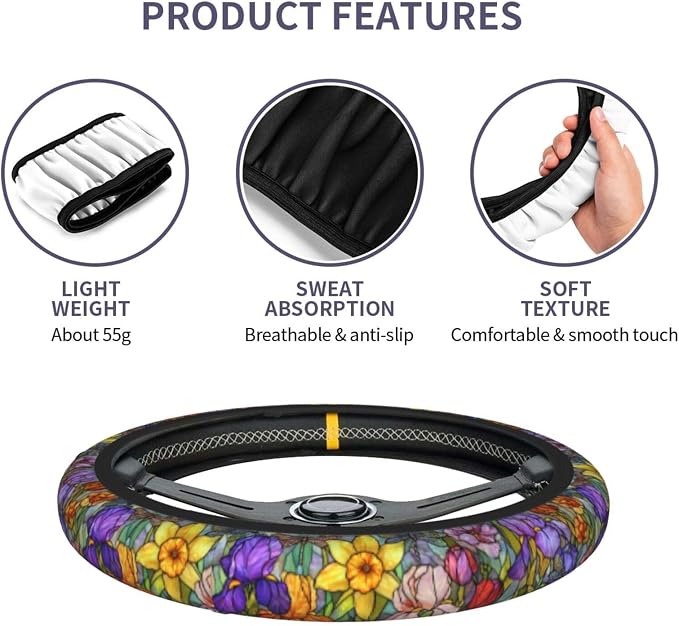 Flower Steering Wheel Covers Non Slip Neoprene Universal 15 Inch Steering Wheel Protector Car Cover for Men Women