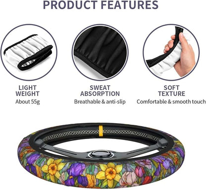 Flower Steering Wheel Covers Non Slip Neoprene Universal 15 Inch Steering Wheel Protector Car Cover for Men Women