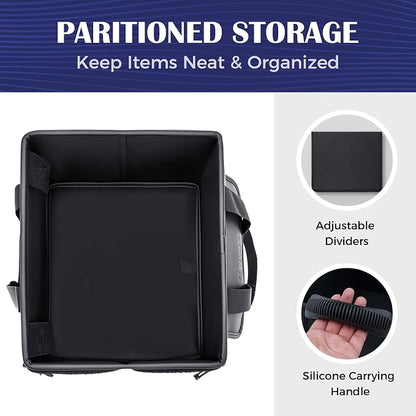 Coverado Trunk Organizer for Car- Nappa Leather Trunk Organizer for SUV with Lid, 30L Multi Collapsible Car Storage Organizer Foldable, Multi Compartments with 2 Straps for SUV/Truck