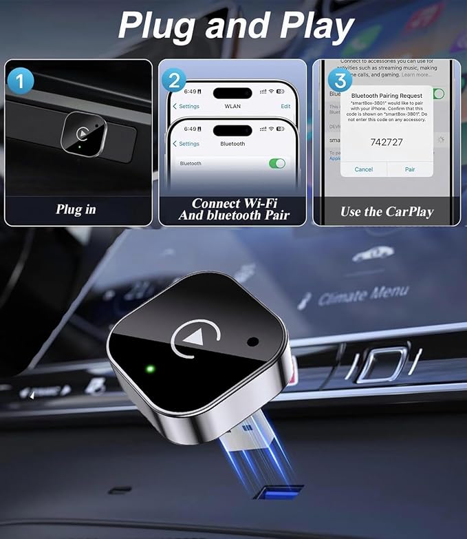 Wireless CarPlay Adapter & Android Auto Dongle, Fast Auto-Connect, Compact Plug & Play Wireless CarPlay Converter for iPhone & Android, USB/USB-C, No Delay, Seamless Reconnection (Black)