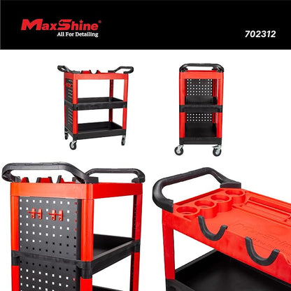 Maxshine Premium Universal Heavy Duty Detailing Cart – 3-Tier Mobile Car Detailing Cart with Locking Casters, Storage Shelves, Brush Holder & Pegboard Organizer – Garage & Mobile Auto Detailing