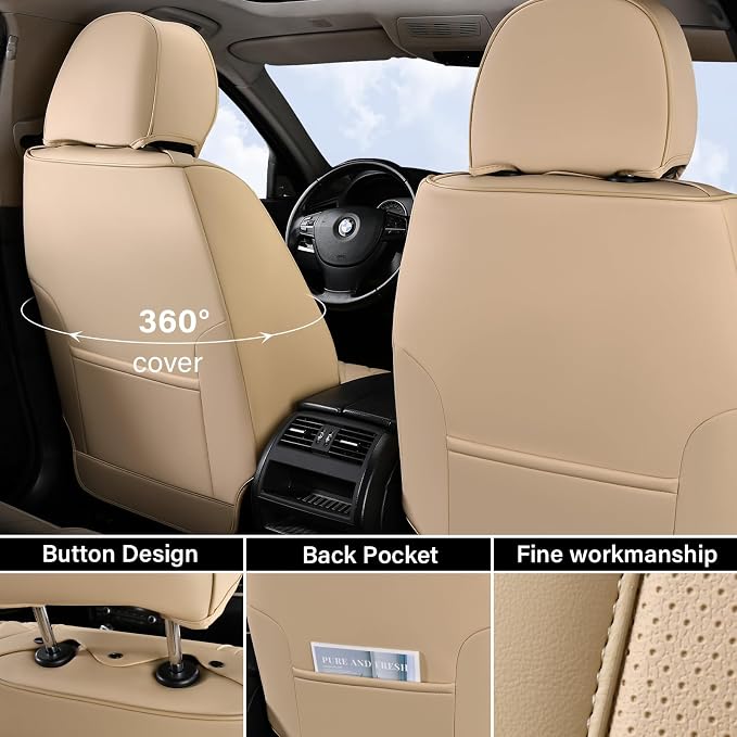 Coverado Front Seat Covers, 2 Pieces Universal Seat Cover for Cars, Breathable Nappa Leather Waterproof Car Seat Cover, Car Seat Protector, Driver Seat Cover, Auto Seat Covers Fit for Cars, Beige