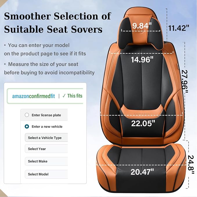 Coverado Universal Seat Covers Full Set, Universal Seat Covers for Cars, 5 Seats Waterproof Nappa Leather Car Seat Covers with Head Pillow, Auto Protectors Fit for Most SUV Pick-up Truck-Black&Brown