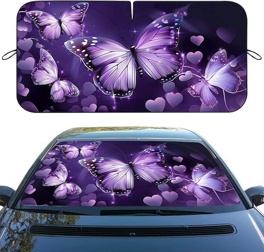 Purple Butterfly Car Windshield Sun Shield, 59*31.5 Inches, UV Rays Protection, Universal Fit for SUV, Truck, Car