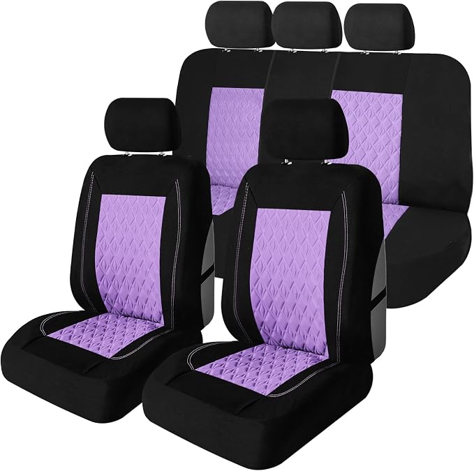 Universal Fit Diamond Stitched Flat Cloth Car Seat Covers Full Set - Purple