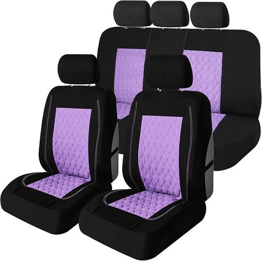 Universal Fit Diamond Stitched Flat Cloth Car Seat Covers Full Set - Purple