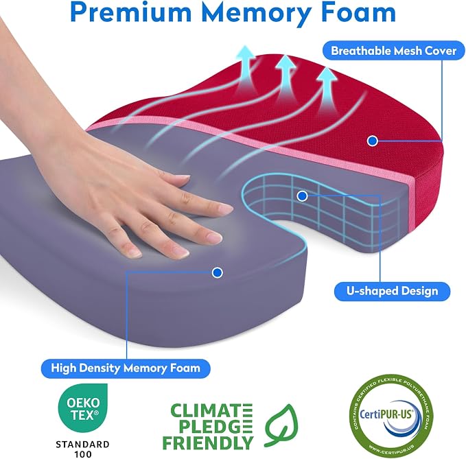 CushZone Seat Cushion, Office Chair Cushions, Car Seat Cushion, Non-Slip Sciatica & Back Coccyx Tailbone Pain Relief Chair Pad, Memory Foam (Large,Red)
