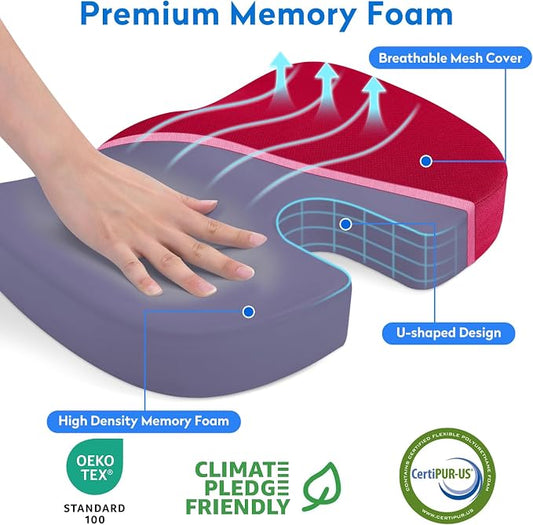 CushZone Seat Cushion, Office Chair Cushions, Car Seat Cushion, Non-Slip Sciatica & Back Coccyx Tailbone Pain Relief Chair Pad, Memory Foam (Large,Red)