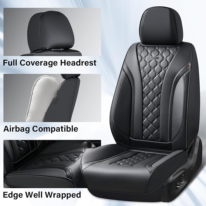 Coverado Car Seat Covers Front Seats, Black Seat Covers, Breathable Perforated Design, Luxurious Diamond Leather Car Seat Cover, 2 Pack Car Seat Protector Front Seat Cover Universal Fit Most Cars