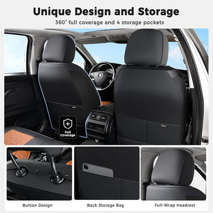 Huidasource Seat Covers, Car Seat Covers Front and Rear Seat Full Set, Full Coverage Waterproof Nappa Leather Car Seat Cushion Covers Protector Fit for Most Cars SUV Trucks, Black & Brown