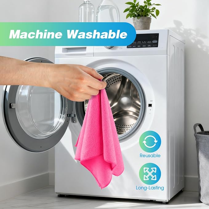 HOMEXCEL Pink Microfiber Cleaning Cloth, 24 Pack Absorbent Cleaning Rags, Lint-Free, Streak-Free Cleaning Towels for Car Kitchen House, 12"X11"
