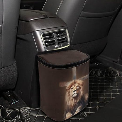 Talayituse Lion Cross Print Car Trash Can with Lid, Leak Proof Auto Trash Bag Hanging Vehicle Garbage Can Multipurpose Storage Container for Back Seat Road Trip
