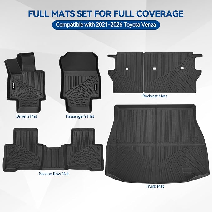 Custom Fit Floor Mats for Toyota Venza 2021-2026, All Weather TPE Floor Liners with Trunk Mat & Backrest Protectors, Odorless Full Set Interior Accessories