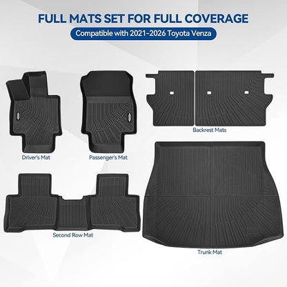 Custom Fit Floor Mats for Toyota Venza 2021-2026, All Weather TPE Floor Liners with Trunk Mat & Backrest Protectors, Odorless Full Set Interior Accessories