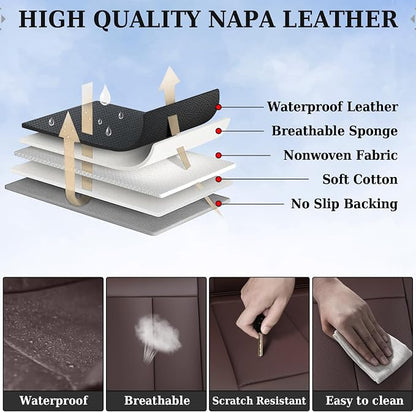Coverado Rear Seat Covers for Cars, Brown Back Seat Protector, Back Seat Cover for Kids, 3-Pieces Waterproof Car Seat Cushion Nappa Leather Seat Cover for Back Seat Universal Fit for Most Cars