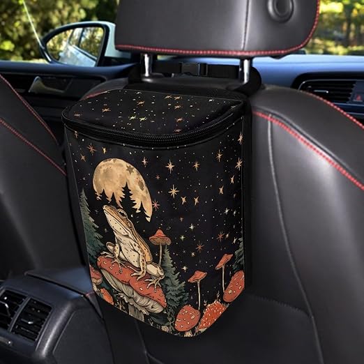 Talayituse Frog Mushroom Print Car Trash Can, Moon Star Design Portable Auto Garbage Bin Multifunctional Vehicle Interior Accessories with Adjustable Straps Universal Fit Truck SUV Sedan