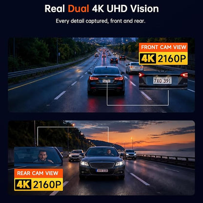 Dash Cam Front and Rear, 4K+4K Dash Camera for Cars, Daul Car Camera with 64GB Card, Dashcam with 3" IPS Display, Loop Recording, Night Vision, 24H Parking Mode