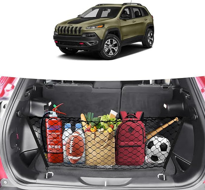 Canvcle Trunk Cargo Net for 2014-2023 Jeep Cherokee Accessories Envelope Style Mesh Trunk Net Organizer and Storage Stretchable Adjustable Elastic Nylon Rear Cargo Netting with Hooks