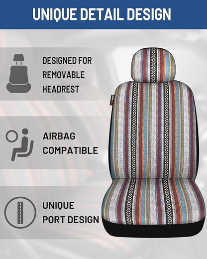 Baja Saddle Blanket Car Seat Covers Front Set with Seat Belt Pads, Washable Breathable Striped Woven Cloth Seat Covers for Cars, SUV, Truck, Airbag Compatible(Red)