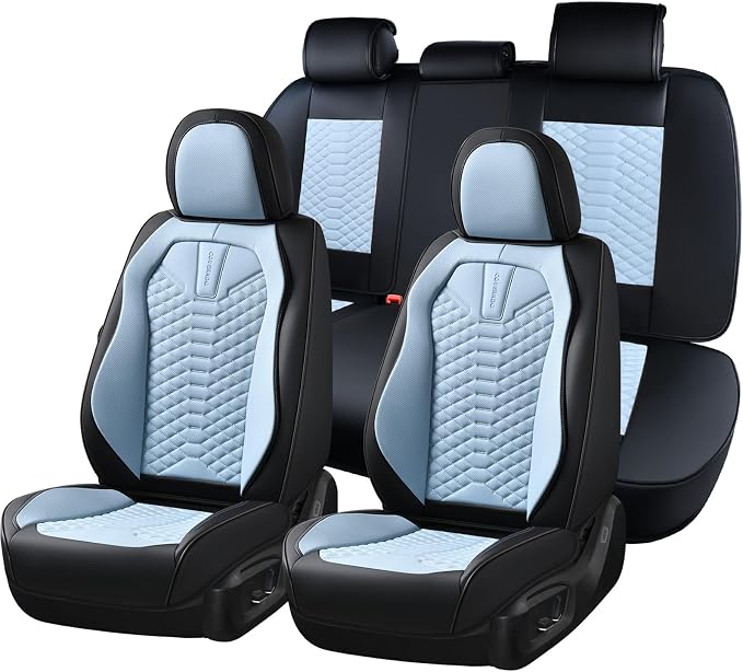 Coverado Leather Seat Covers, Car Seat Covers Full Set, Waterproof Nappa Leather Car Seat Cover, Car Seat Protectors 5 Seats, Black & Blue Automotive Seat Covers Fit for Most Cars Trucks