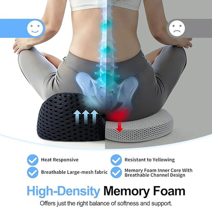 Ergonomic Memory Foam Seat Cushion Hemorrhoid Pillow for Hip Sciatica and Tailbone Pain Relief for Office Chair Car and Home (Black)