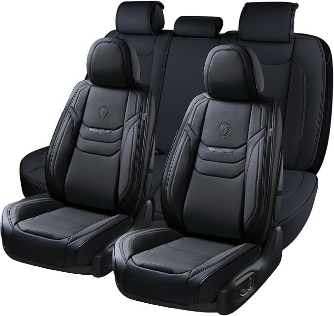 Coverado Leather Seat Covers for Cars, Car Seat Covers Full Set, Breathable Car Seat Protector with Lumbar Support, Black Seat Covers, Front and Back Waterproof Seat Cover Universal Fit for Most Cars