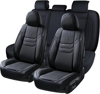 Coverado Leather Seat Covers for Cars, Car Seat Covers Full Set, Breathable Car Seat Protector with Lumbar Support, Black Seat Covers, Front and Back Waterproof Seat Cover Universal Fit for Most Cars
