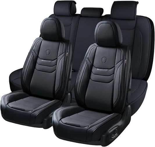 Coverado Leather Seat Covers for Cars, Car Seat Covers Full Set, Breathable Car Seat Protector with Lumbar Support, Black Seat Covers, Front and Back Waterproof Seat Cover Universal Fit for Most Cars