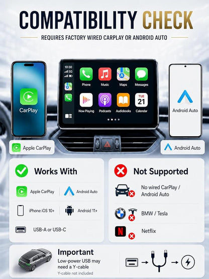 Wireless CarPlay Adapter for iPhone & Android Auto, Wired to Wireless CarPlay Dongle, Gold-Plated USB for Stable Connection, No Lag & Auto Reconnect in 5s, Mini Size Plug & Play, OEM Wired Cars 2016+