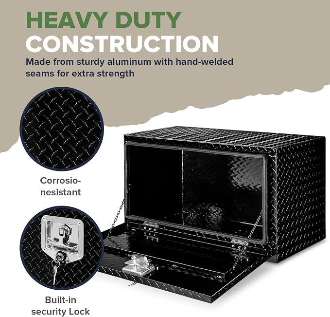 ARKSEN 30 x 17 x 18 Inch Underbody Tool Box, Heavy Duty Aluminum Diamond Plate Waterproof Square Storage Organizer Chest with T-Handle Lock & Keys for Pickup Truck, RV & Trailer – Black
