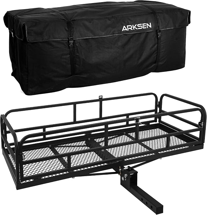 ARKSEN 60" x 25" x 14" Folding Cargo Rack Carrier with Waterproof Cargo Bag 500 Lbs Heavy Duty Capacity 2 Inch Receiver Luggage Basket Hitch Fold Up for SUV Pickup Camping Traveling