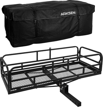 ARKSEN 60" x 25" x 14" Folding Cargo Rack Carrier with Waterproof Cargo Bag 500 Lbs Heavy Duty Capacity 2 Inch Receiver Luggage Basket Hitch Fold Up for SUV Pickup Camping Traveling