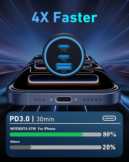 WODENTA for iPhone 17/16/15 Pro Max Car Charger, 67W 3-Port Fast USB C Car Charger Power Cigarette Lighter Adapter with 3FT USB C to C Cable for iPhone 17/17 Pro/Air/17e/16/15 Pro Max/Plus/16e, iPad